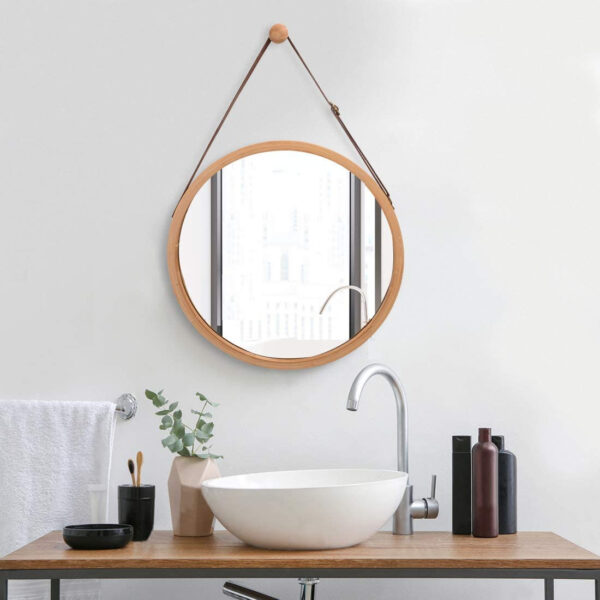 Hanging Round Wall Mirror 38 cm - Solid Bamboo Frame and Adjustable Leather Strap for Bathroom and Bedroom - Image 3