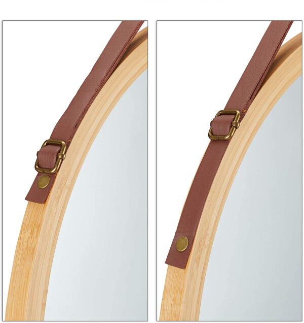 Hanging Round Wall Mirror 38 cm - Solid Bamboo Frame and Adjustable Leather Strap for Bathroom and Bedroom - Image 5