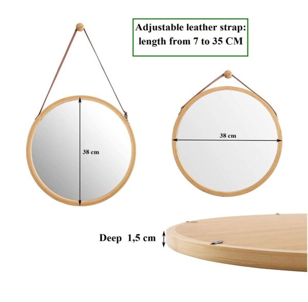 Hanging Round Wall Mirror 38 cm - Solid Bamboo Frame and Adjustable Leather Strap for Bathroom and Bedroom - Image 8