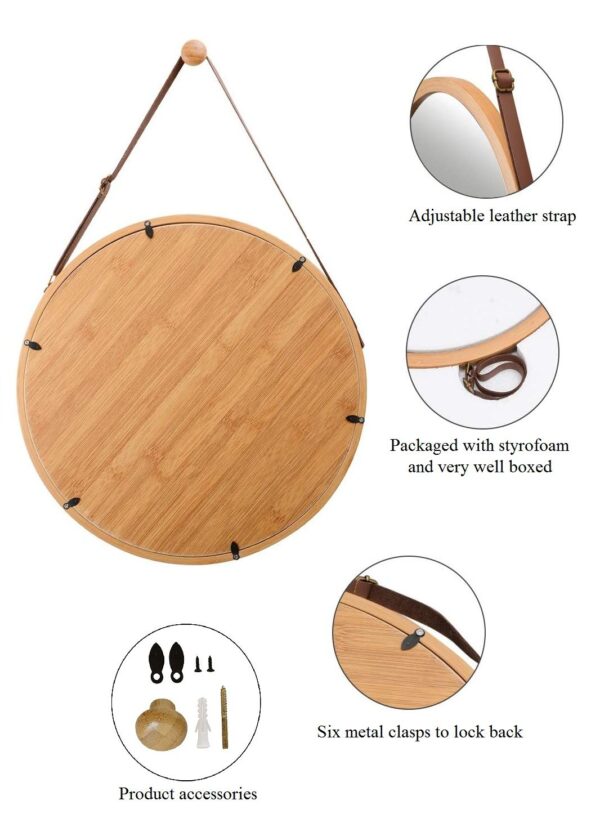 Hanging Round Wall Mirror 38 cm - Solid Bamboo Frame and Adjustable Leather Strap for Bathroom and Bedroom - Image 9